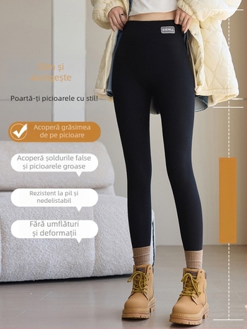Colanți termici talie înaltă, căptușiți cu fleece, pentru femei, croială strânsă, bumbac-spandex, iarna 2025