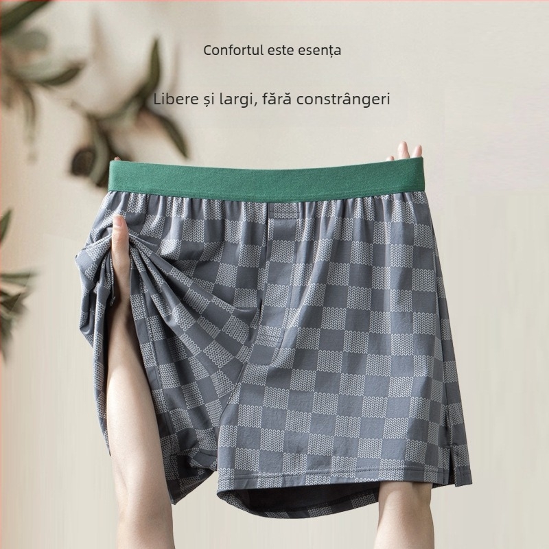 Boxer bărbătești de dormit din bumbac modal, croială lejeră, model în dungi/pătrate, căptușeală la zona inghinală 30-50% modal