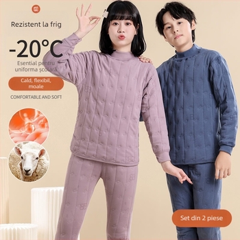 Set termic pentru copii, trei straturi, căptușeală din catifea, țesătură poliesterică 90–95%, pentru copii 7–12 ani, mâneci lungi, poate fi purtat ca îmbrăcăminte exterioară