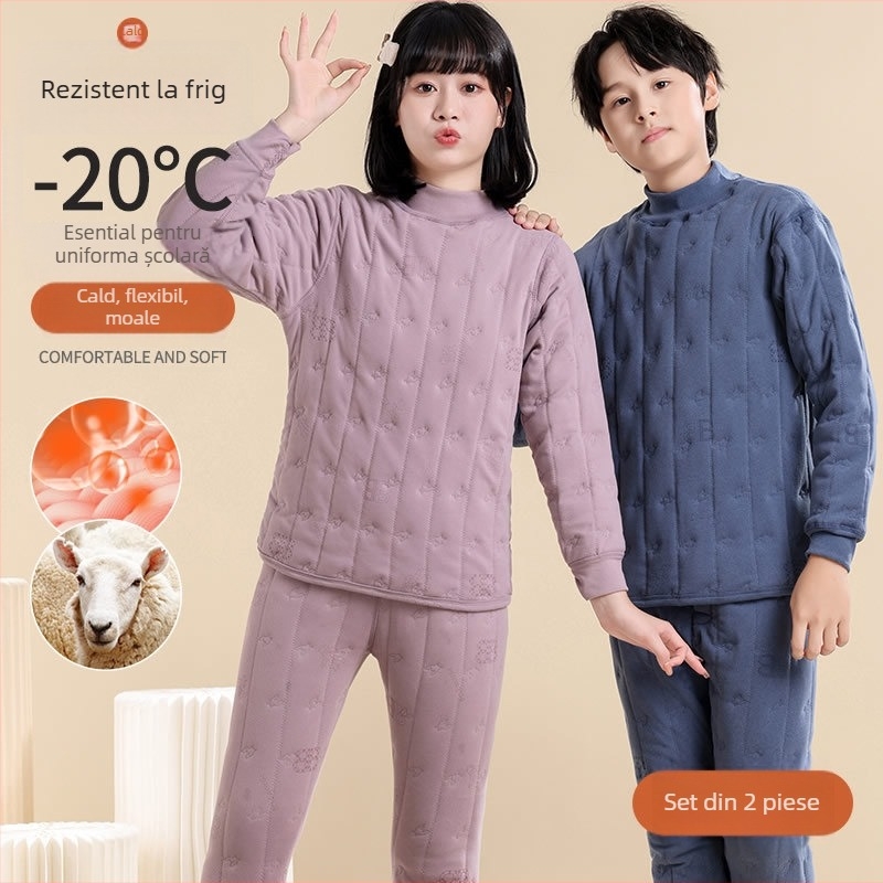Set termic pentru copii, trei straturi, căptușeală din catifea, țesătură poliesterică 90–95%, pentru copii 7–12 ani, mâneci lungi, poate fi purtat ca îmbrăcăminte exterioară