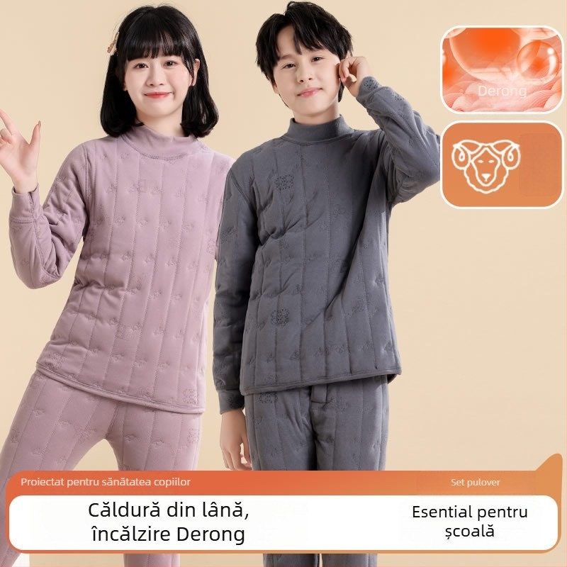 Set termic pentru copii, trei straturi, căptușeală din catifea, țesătură poliesterică 90–95%, pentru copii 7–12 ani, mâneci lungi, poate fi purtat ca îmbrăcăminte exterioară