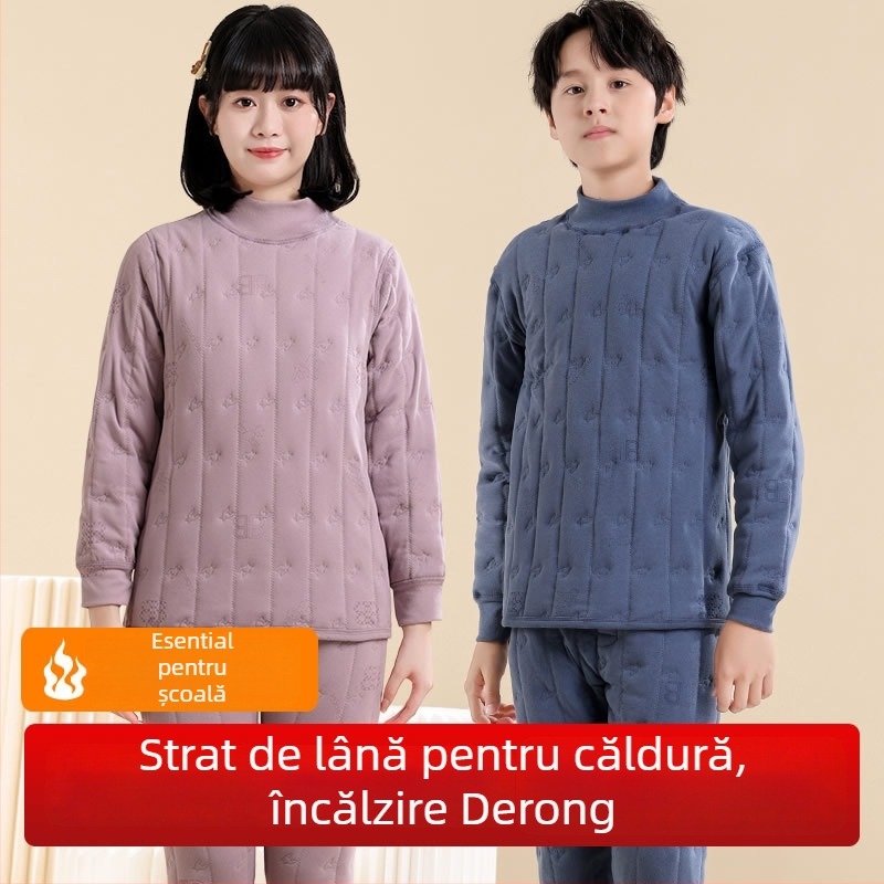Set termic pentru copii, trei straturi, căptușeală din catifea, țesătură poliesterică 90–95%, pentru copii 7–12 ani, mâneci lungi, poate fi purtat ca îmbrăcăminte exterioară