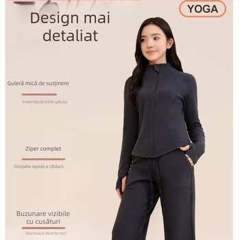 Set de yoga pentru femei, de înaltă calitate — cardigan cu guler înalt, mâneci lungi, poliester, pantaloni cu talie înaltă și croială dreaptă, două piese