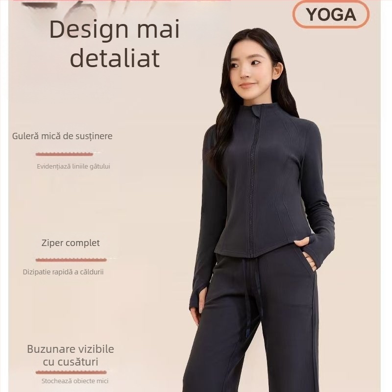 Set de yoga pentru femei, de înaltă calitate — cardigan cu guler înalt, mâneci lungi, poliester, pantaloni cu talie înaltă și croială dreaptă, două piese