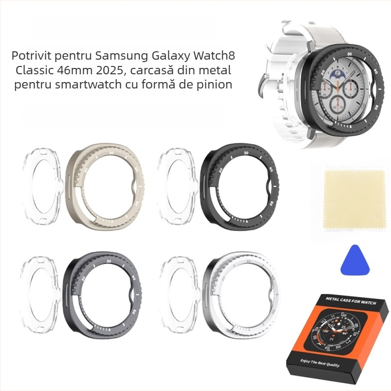 Carcasă metalică pentru Samsung Galaxy Watch8 Classic (2025) – Yichengtong; Compatibil cu modelul Samsung Galaxy Watch8 Classic (2025); Material: metal; Greutate: 22 g; Conținutul pachetului: carcasă metalică w30j, capac spate w30p, lavetă pj7, spudger pj8