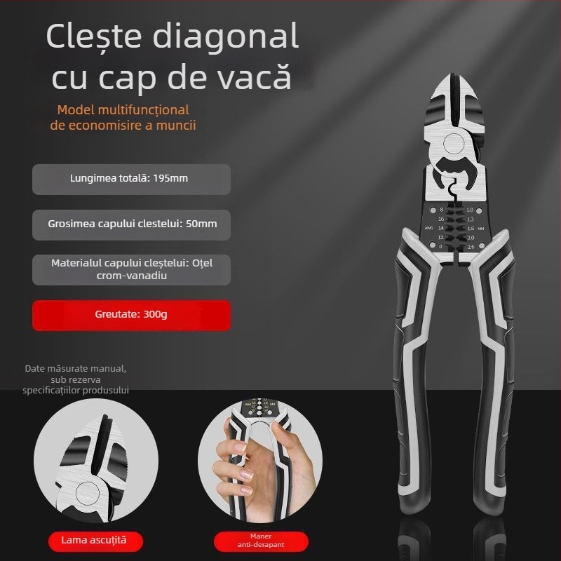 Clește pentru cabluri, stil german, cu nas diagonal, calitate industrială, economisind efort pentru electrician (diametrul de tăiere 4.6 mm)