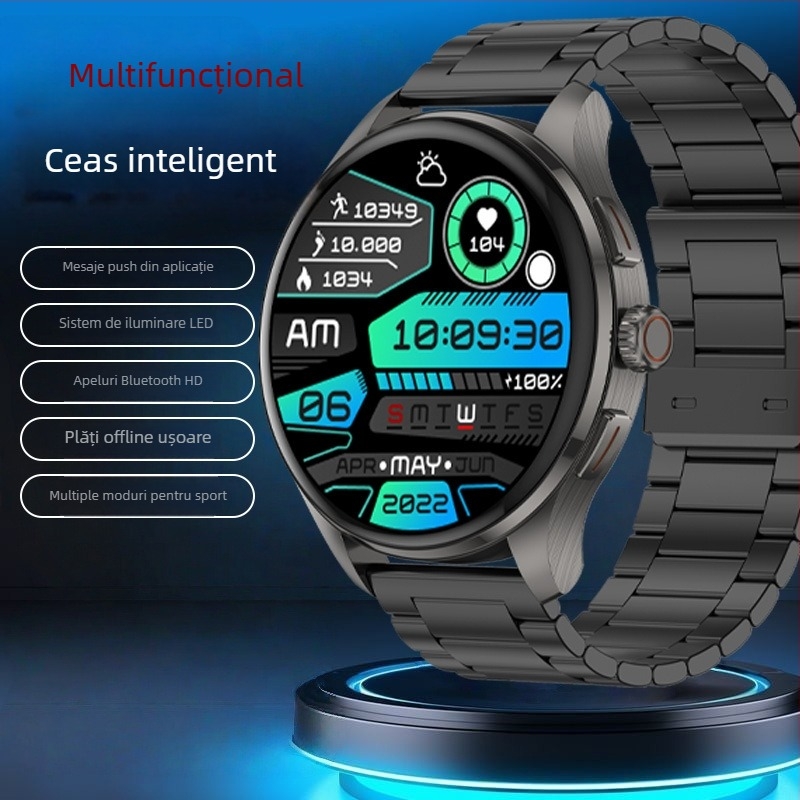 Ceas inteligent cu ecran AMOLED, convorbiri Bluetooth, monitorizare ritm cardiac, tensiune arterială și saturație de oxigen
