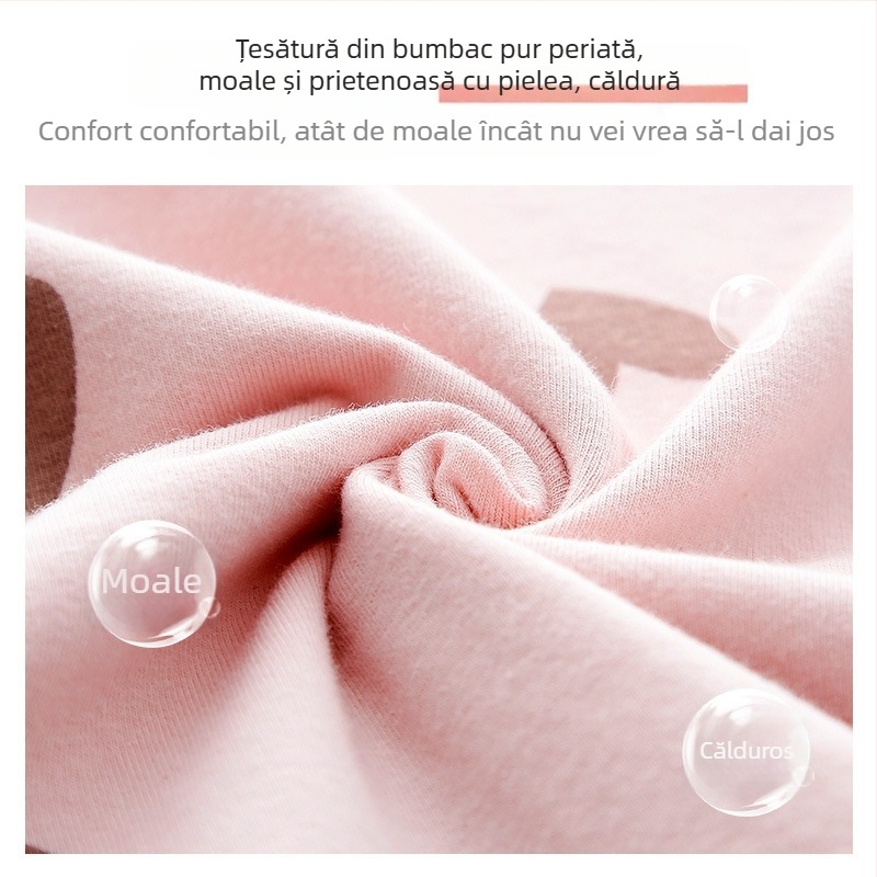 Set de lenjerie termică din bumbac 100% pentru toamnă — top pulover cu guler rotund și pantaloni, unic strat, greutate medie, 95–100% bumbac, pentru adolescente