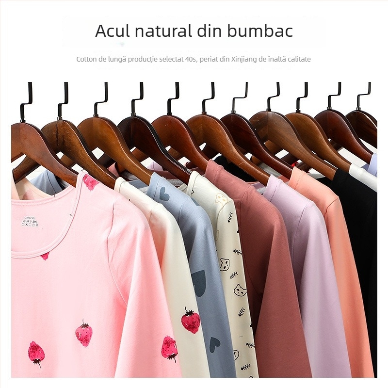 Set de lenjerie termică din bumbac 100% pentru toamnă — top pulover cu guler rotund și pantaloni, unic strat, greutate medie, 95–100% bumbac, pentru adolescente