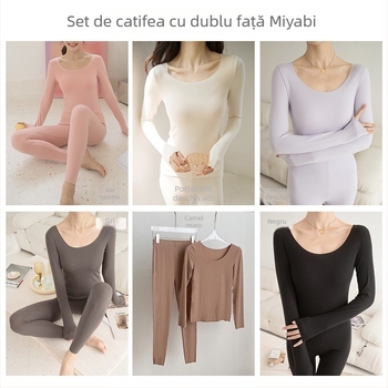 Set termic de iarnă din tricot acrilic Mitsubishi, cu căptușeală fleece groasă; pulover cu mânecă lungă, guler rotund, pantaloni lungi, pentru tineri.