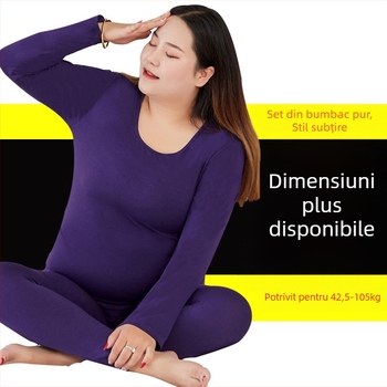 Set termic pentru femei din bumbac, respirabil, ușor, croială liberă, top pulover cu guler rotund și pantaloni