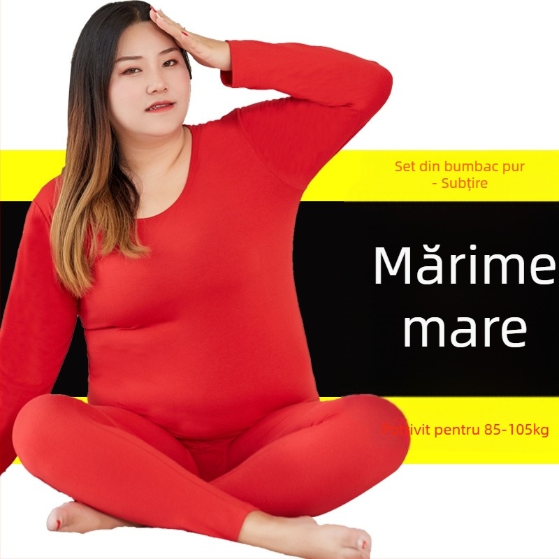 Set termic pentru femei din bumbac, respirabil, ușor, croială liberă, top pulover cu guler rotund și pantaloni