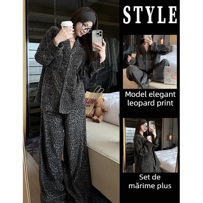 Set de pijamale pentru femei – stil cardigan, bumbac artificial, mâneci lungi, pantaloni