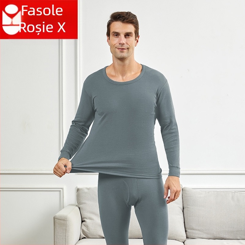 Set de lenjerie termică din bumbac pentru bărbați, cu guler mediu-înalt, croială lejeră, un singur strat, țesătură extra groasă 301–350 g/m², căptușeală 100% bumbac, pentru bărbați de vârstă înaintată.