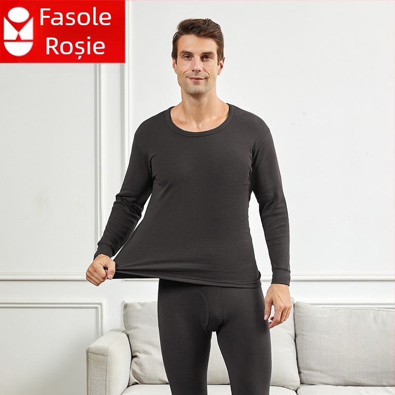 Set de lenjerie termică din bumbac pentru bărbați, cu guler mediu-înalt, croială lejeră, un singur strat, țesătură extra groasă 301–350 g/m², căptușeală 100% bumbac, pentru bărbați de vârstă înaintată.