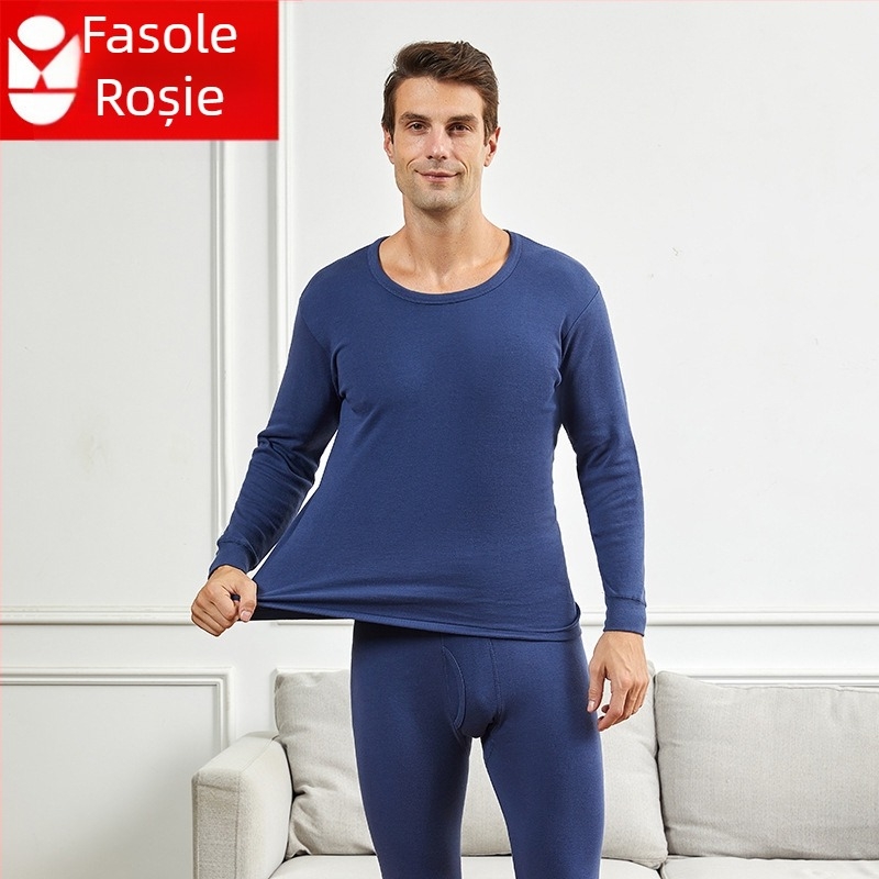 Set de lenjerie termică din bumbac pentru bărbați, cu guler mediu-înalt, croială lejeră, un singur strat, țesătură extra groasă 301–350 g/m², căptușeală 100% bumbac, pentru bărbați de vârstă înaintată.