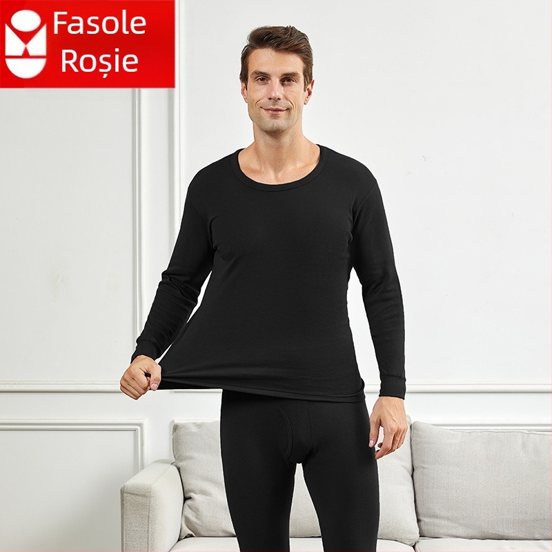 Set de lenjerie termică din bumbac pentru bărbați, cu guler mediu-înalt, croială lejeră, un singur strat, țesătură extra groasă 301–350 g/m², căptușeală 100% bumbac, pentru bărbați de vârstă înaintată.