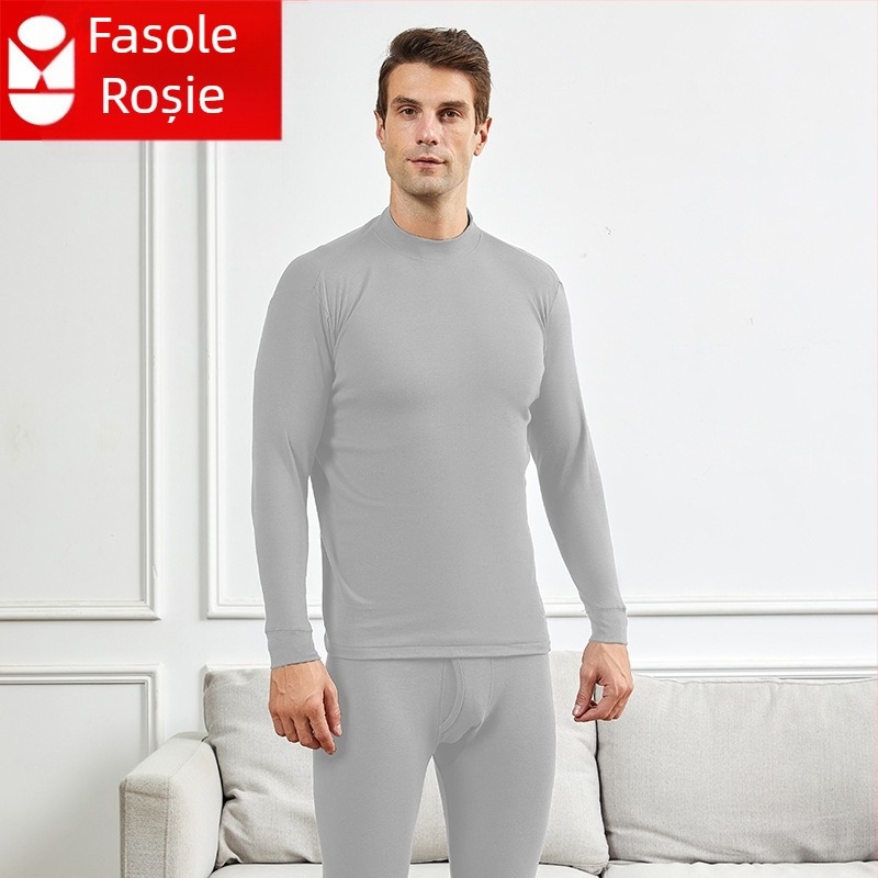 Set de lenjerie termică din bumbac pentru bărbați, cu guler mediu-înalt, croială lejeră, un singur strat, țesătură extra groasă 301–350 g/m², căptușeală 100% bumbac, pentru bărbați de vârstă înaintată.