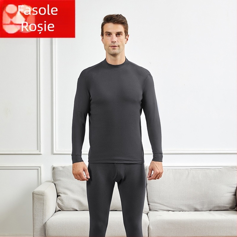 Set de lenjerie termică din bumbac pentru bărbați, cu guler mediu-înalt, croială lejeră, un singur strat, țesătură extra groasă 301–350 g/m², căptușeală 100% bumbac, pentru bărbați de vârstă înaintată.