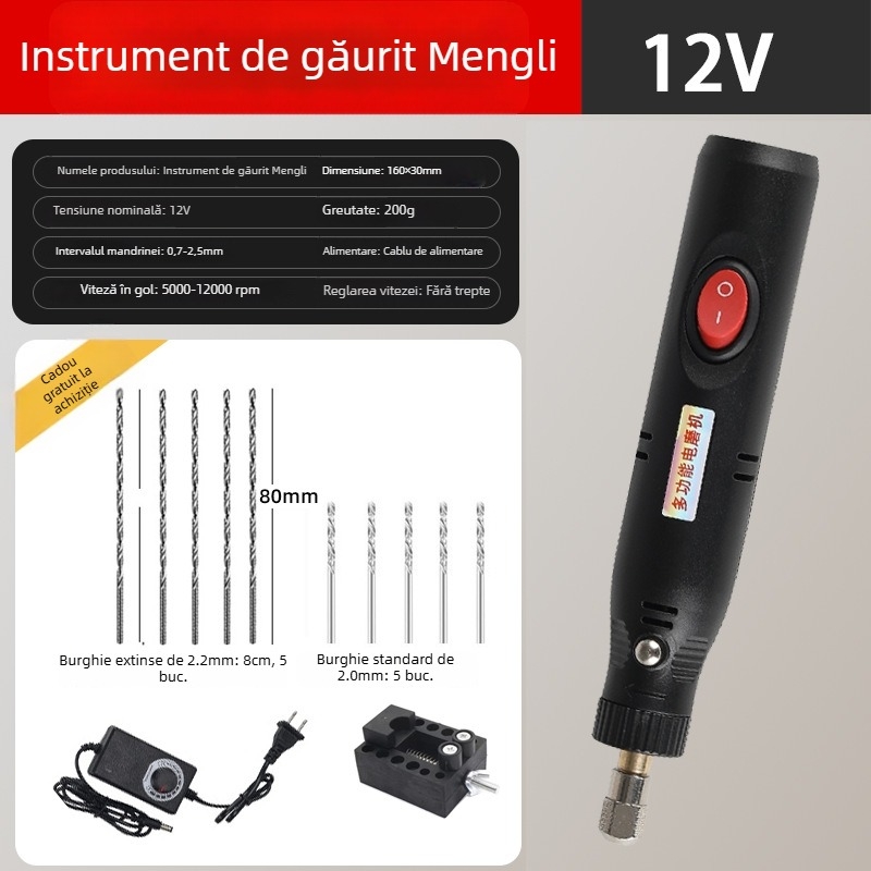 Bormașină electrică mini 12V cu reglaj continuu al vitezei, motor cu perii, alimentare la priză, mandrină universală, fără direcție înainte-înapoi