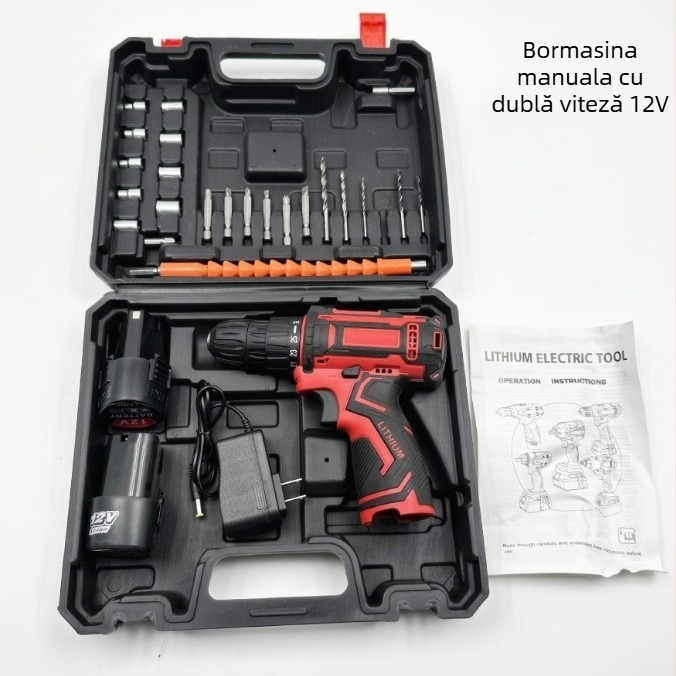Bormașină/șurubelniță fără fir de 12V, cu viteză variabilă continuă, baterie Li-ion reîncărcabilă, motor cu perii, înainte și înapoi