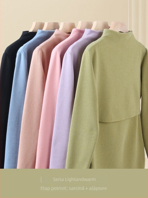 Set matern din poliester cu interior fleece, guler mediu-înalt, top și pantaloni pentru toamnă, pentru alăptare și postpartum