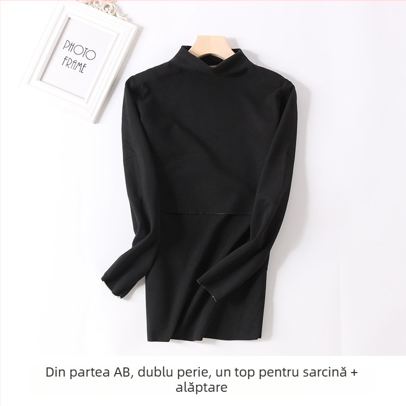 Set matern din poliester cu interior fleece, guler mediu-înalt, top și pantaloni pentru toamnă, pentru alăptare și postpartum
