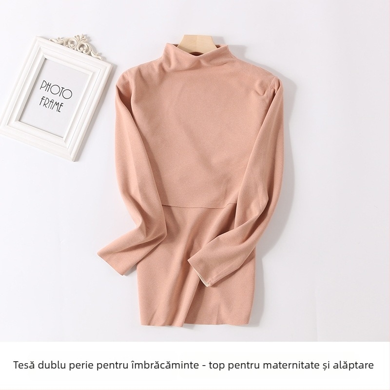 Set matern din poliester cu interior fleece, guler mediu-înalt, top și pantaloni pentru toamnă, pentru alăptare și postpartum