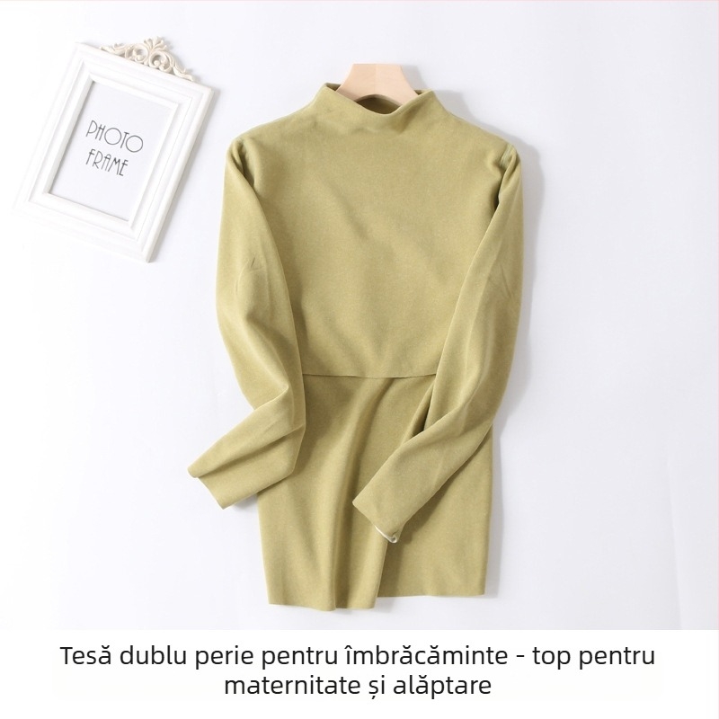 Set matern din poliester cu interior fleece, guler mediu-înalt, top și pantaloni pentru toamnă, pentru alăptare și postpartum