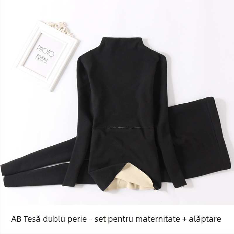 Set matern din poliester cu interior fleece, guler mediu-înalt, top și pantaloni pentru toamnă, pentru alăptare și postpartum