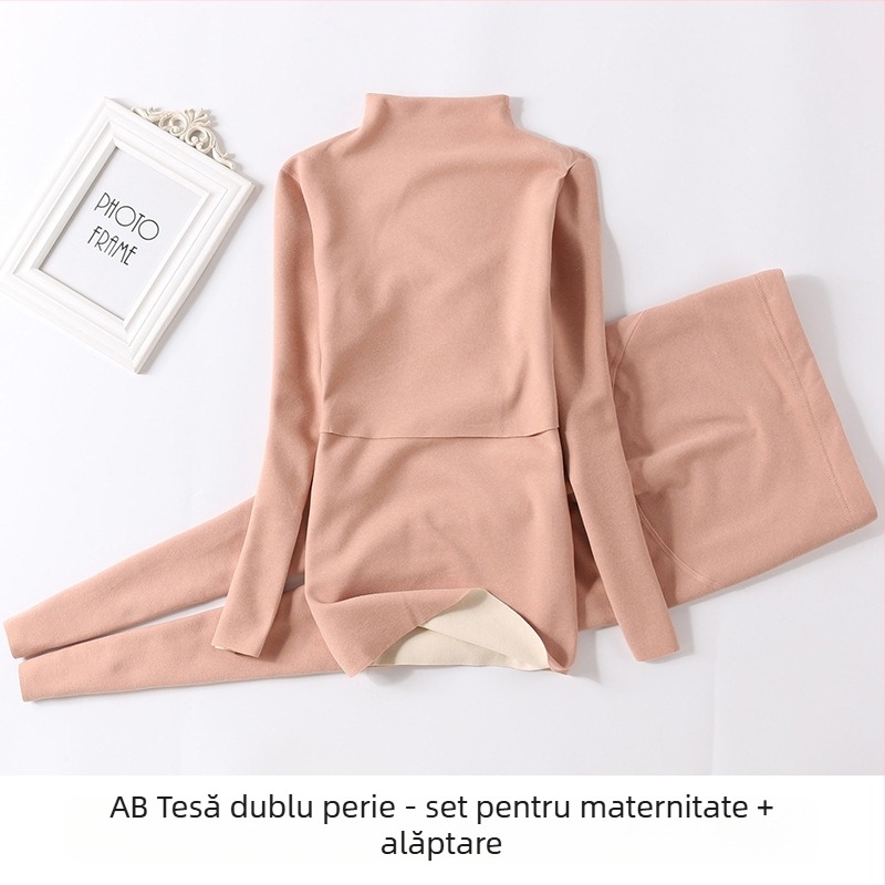 Set matern din poliester cu interior fleece, guler mediu-înalt, top și pantaloni pentru toamnă, pentru alăptare și postpartum