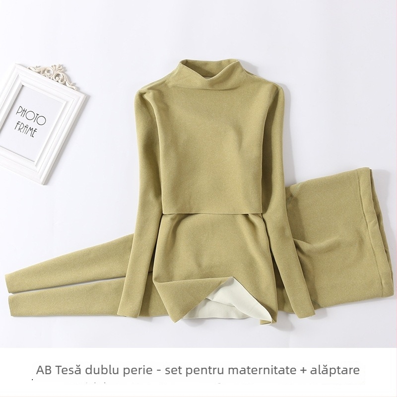 Set matern din poliester cu interior fleece, guler mediu-înalt, top și pantaloni pentru toamnă, pentru alăptare și postpartum