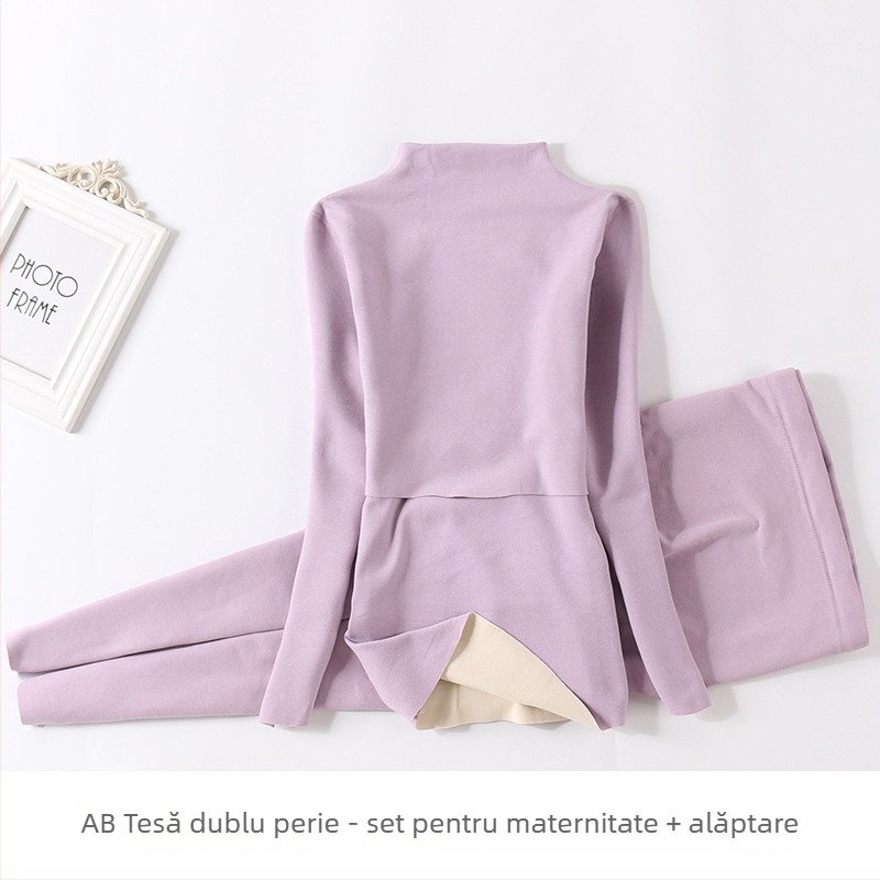 Set matern din poliester cu interior fleece, guler mediu-înalt, top și pantaloni pentru toamnă, pentru alăptare și postpartum