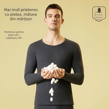 Set de lenjerie termică pentru bărbați – căptușit cu fleece și velur, bază pentru partea superioară și inferioară, guler rotund, mâneci lungi