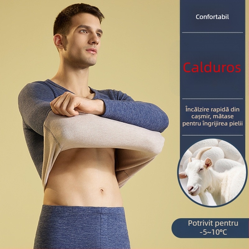 Set de lenjerie termică pentru bărbați – căptușit cu fleece și velur, bază pentru partea superioară și inferioară, guler rotund, mâneci lungi