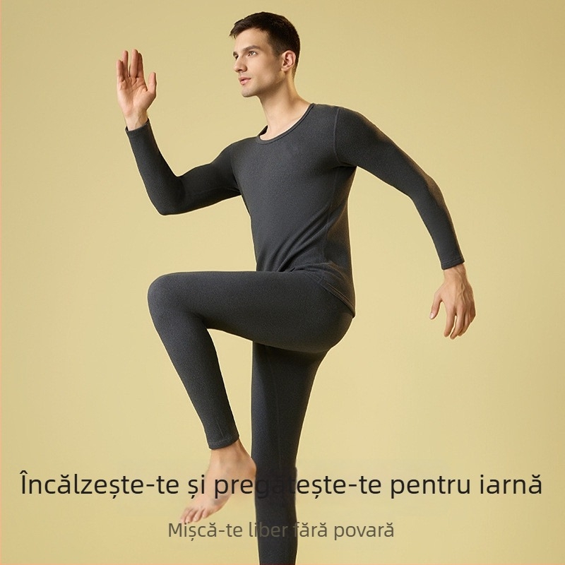 Set de lenjerie termică pentru bărbați – căptușit cu fleece și velur, bază pentru partea superioară și inferioară, guler rotund, mâneci lungi