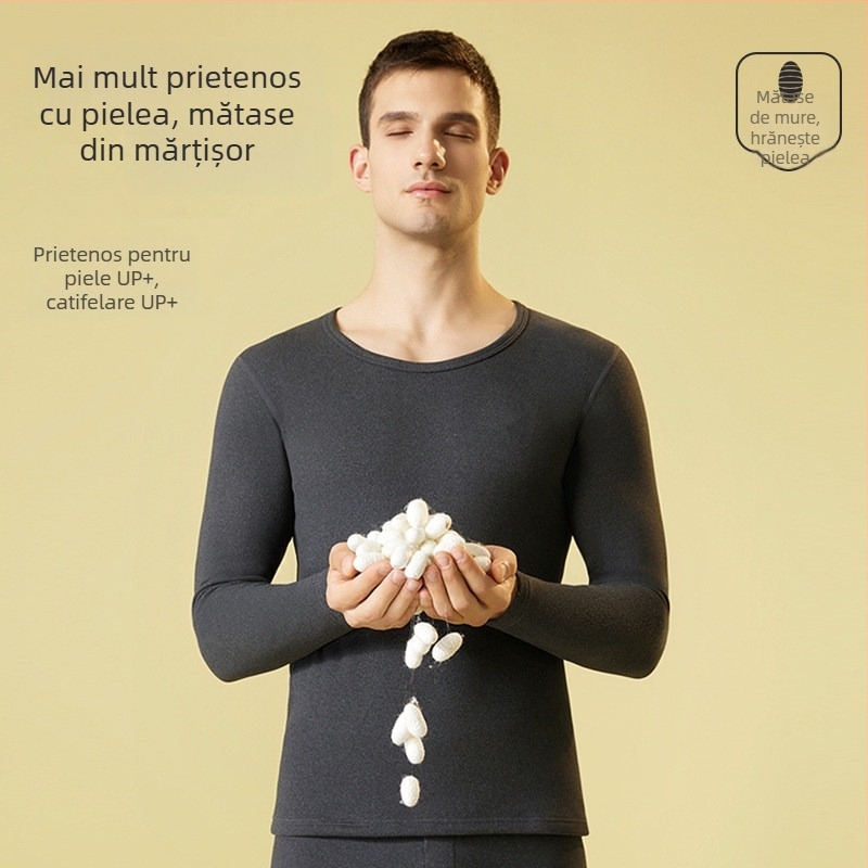 Set de lenjerie termică pentru bărbați – căptușit cu fleece și velur, bază pentru partea superioară și inferioară, guler rotund, mâneci lungi