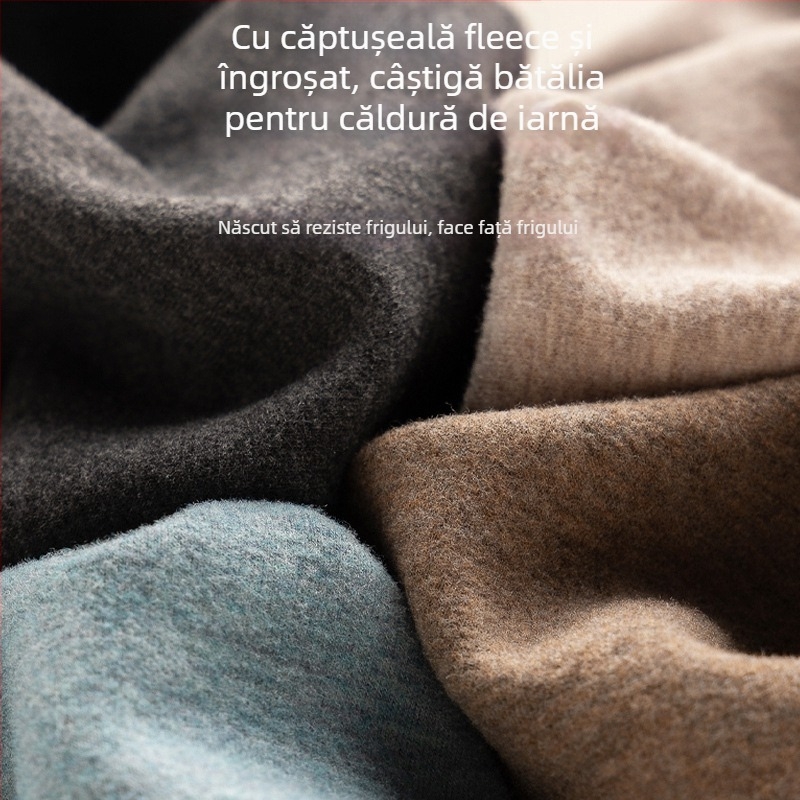 Set de lenjerie termică pentru bărbați – căptușit cu fleece și velur, bază pentru partea superioară și inferioară, guler rotund, mâneci lungi