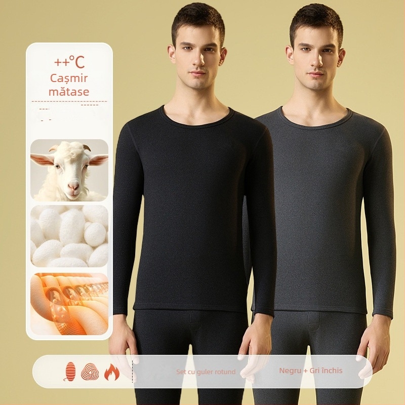 Set de lenjerie termică pentru bărbați – căptușit cu fleece și velur, bază pentru partea superioară și inferioară, guler rotund, mâneci lungi