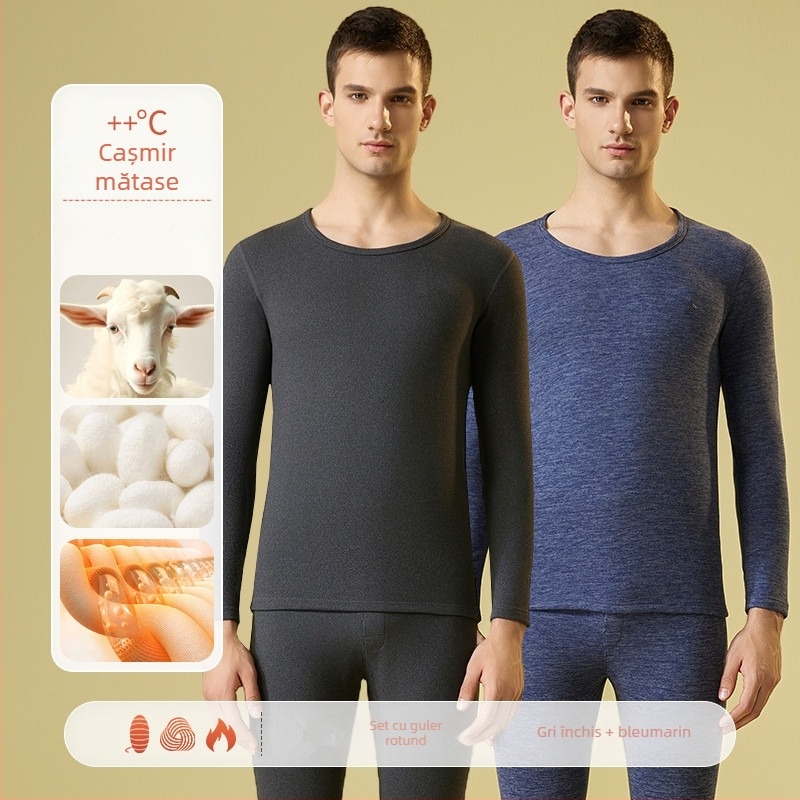 Set de lenjerie termică pentru bărbați – căptușit cu fleece și velur, bază pentru partea superioară și inferioară, guler rotund, mâneci lungi