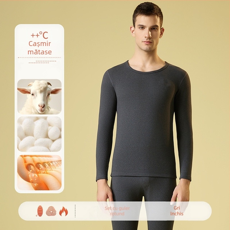 Set de lenjerie termică pentru bărbați – căptușit cu fleece și velur, bază pentru partea superioară și inferioară, guler rotund, mâneci lungi