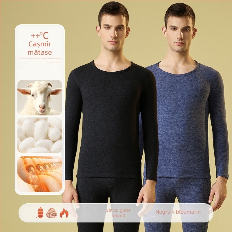 Set de lenjerie termică pentru bărbați – căptușit cu fleece și velur, bază pentru partea superioară și inferioară, guler rotund, mâneci lungi