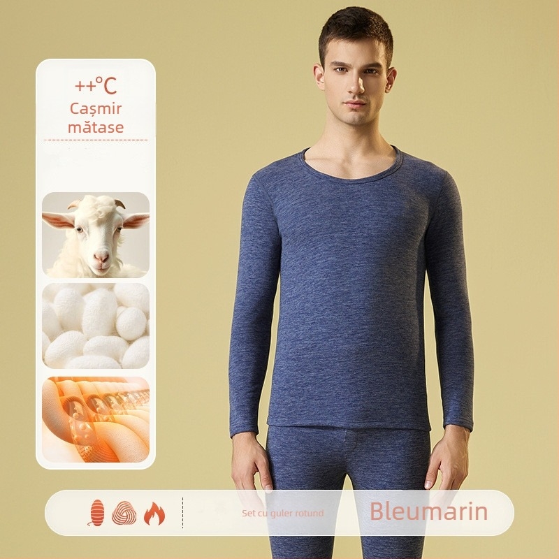 Set de lenjerie termică pentru bărbați – căptușit cu fleece și velur, bază pentru partea superioară și inferioară, guler rotund, mâneci lungi