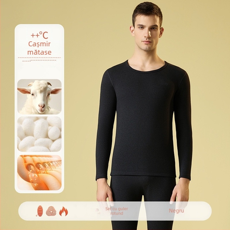 Set de lenjerie termică pentru bărbați – căptușit cu fleece și velur, bază pentru partea superioară și inferioară, guler rotund, mâneci lungi