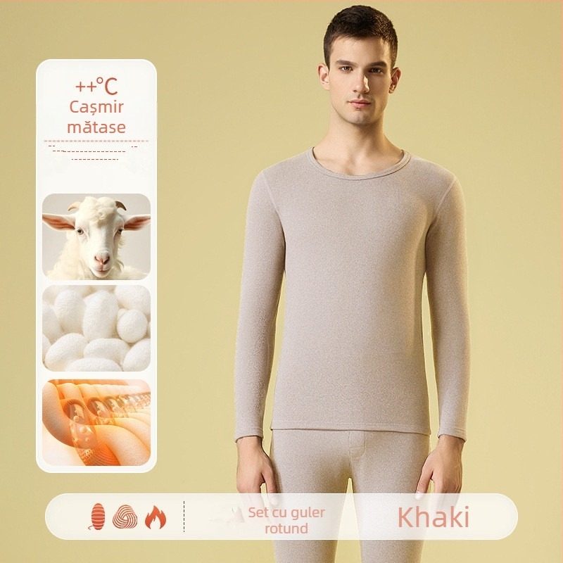 Set de lenjerie termică pentru bărbați – căptușit cu fleece și velur, bază pentru partea superioară și inferioară, guler rotund, mâneci lungi
