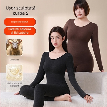 Set termic shapewear pentru femei – material nylon 201-250 g/m², fără cusături, top cu mânecă lungă și pantaloni, model uni, strat de bază pentru încălzire și remodelare corp