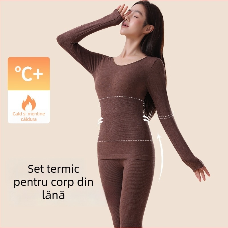 Set termic shapewear pentru femei – material nylon 201-250 g/m², fără cusături, top cu mânecă lungă și pantaloni, model uni, strat de bază pentru încălzire și remodelare corp