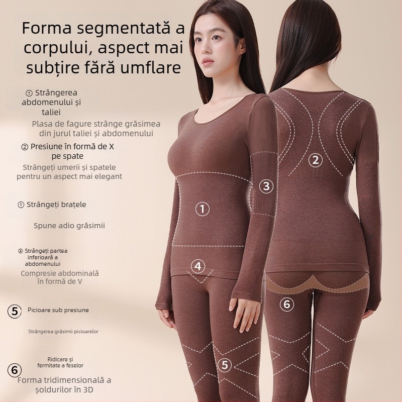 Set termic shapewear pentru femei – material nylon 201-250 g/m², fără cusături, top cu mânecă lungă și pantaloni, model uni, strat de bază pentru încălzire și remodelare corp