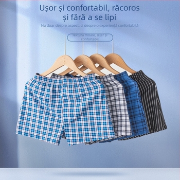 Boxer bărbați din bumbac, respirabili, talie medie, model în nuanțe asortate cu dungi/plaid, 95–100% bumbac, potriviți pentru toate anotimpurile.
