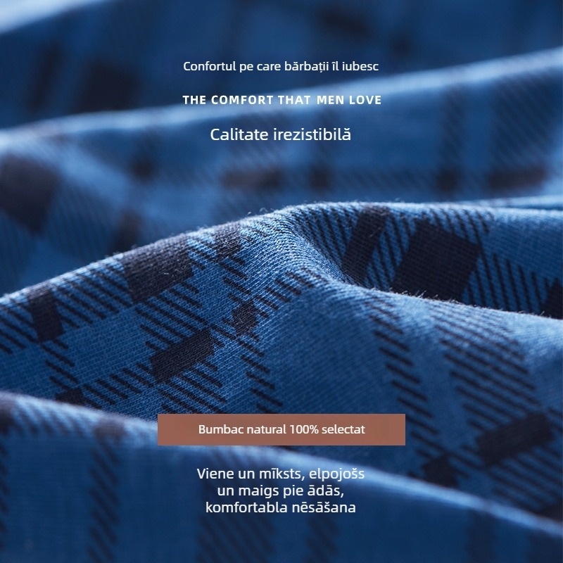 Boxer bărbați din bumbac, respirabili, talie medie, model în nuanțe asortate cu dungi/plaid, 95–100% bumbac, potriviți pentru toate anotimpurile.